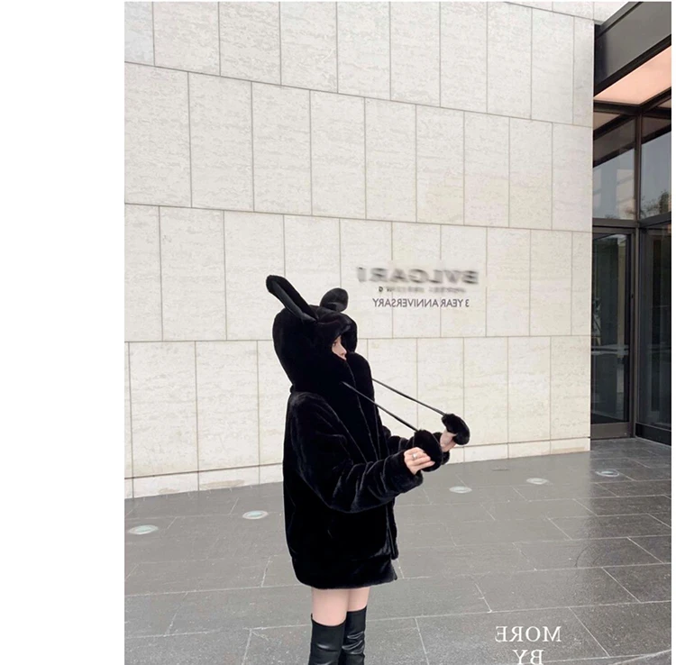 Nerazzurri Spring Fluffy Jacket with Rabbit Ears Raglan Sleeve Zipper Oversize Light Soft Harajuku Kawaii Faux Fur Hoodie 2021