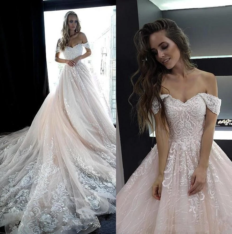 Abiti da sposa in pizzo rosa pallido sposa con spalle scoperte lungo treno Tulle Appliques perline una linea abiti da sposa da sposa robes de mariée