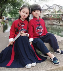 Chinese Hanfu Traditional Crane Embroider Kids Clothes Set Children Tang Suit Girls Party Dress Boys Kung Fu Tops Skirts Pants
