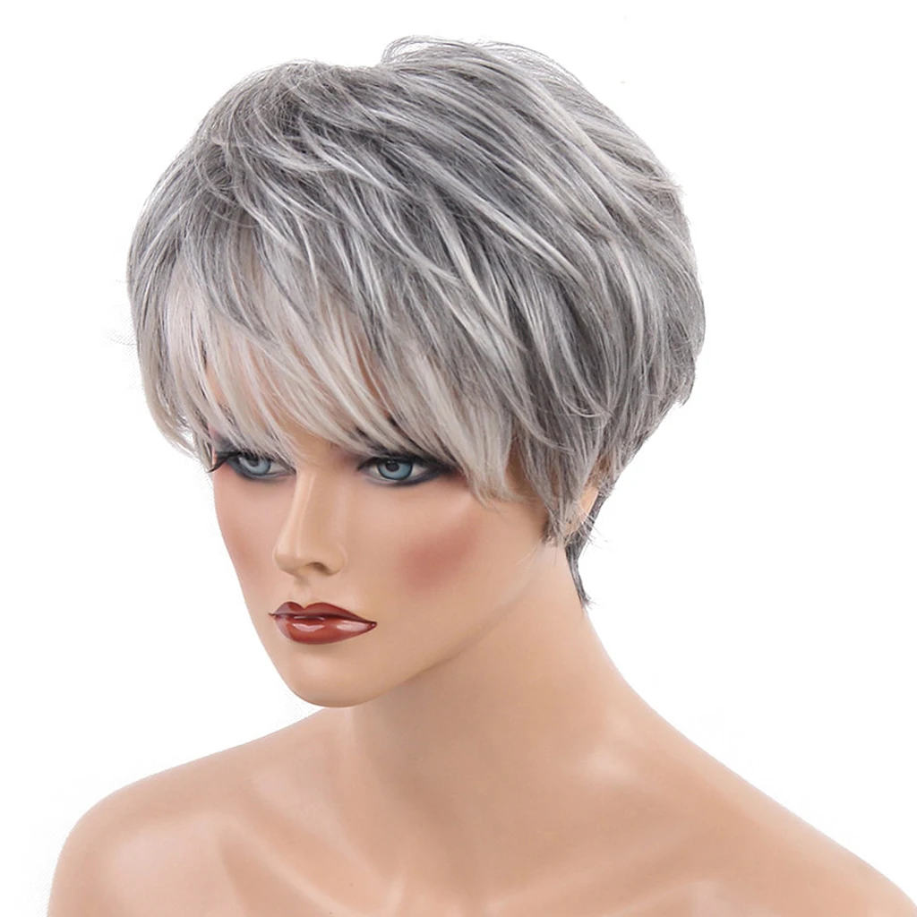 Cool Design Short Straight Wigs with Bangs Silver Gray Color Heat Perm OK 70%