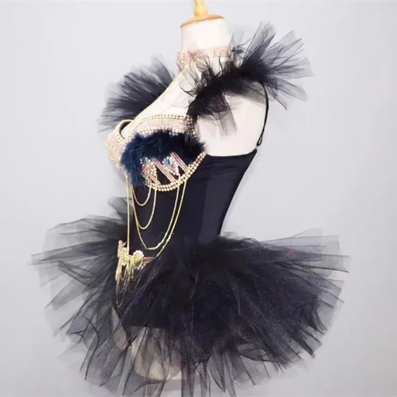 Sexy Gold Rhinestone Chains Bodysuit Gauze Skirt Dance Clothes Bar Nightclub Stage Costume Carnival Party Show Club Rave Outfits