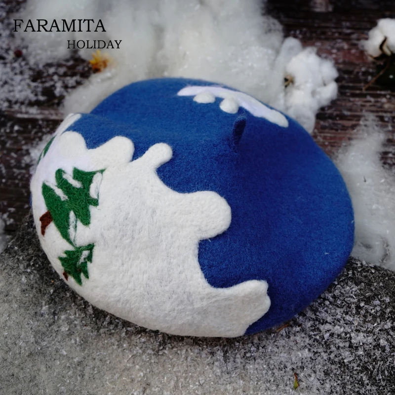 Faramita Holiday 2020 Winter Snowy Christmas Gift Autumn Women Kids Girls Handmade Berets Wool Felt French Beret Painter Hats