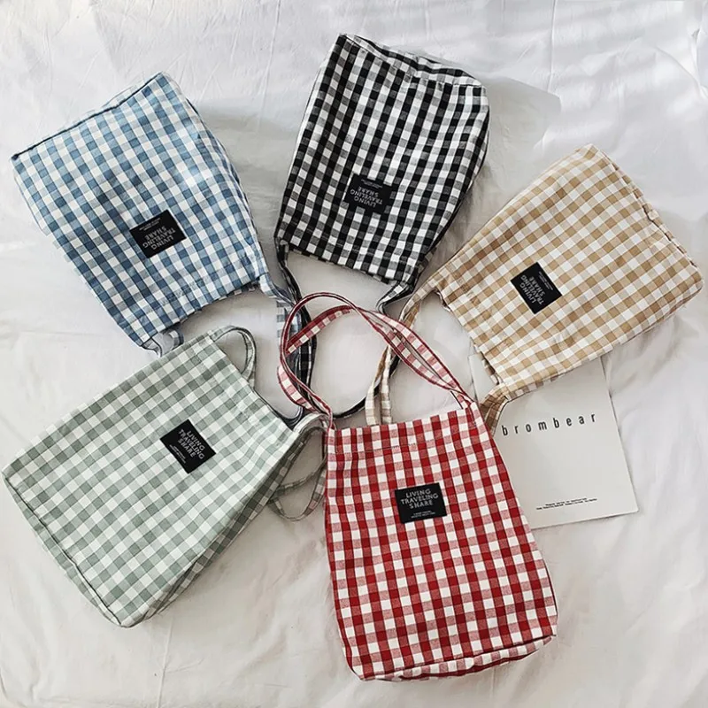 Fashion Simple Women Canvas Handbag Plaid Shoulder Bag Female Wild Black And White Check Tote Bag Campus Style Student Books Bag