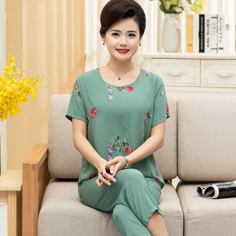 New Arrival Embroider Pajamas Set Middle-aged And Elderly Women Summer Cotton Nightwear Two-piece Suit Grandma Short Sleeve