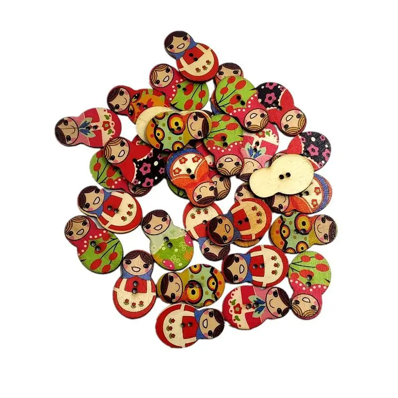 50pcs/lot Mixed Colors Wooden Buttons for Crafts Scrapbooking Accessories Matryoshka Design Fashion Vintage Buttons for Clothing