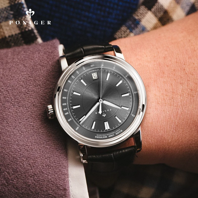 PONIGER Роскошные деловые часы из натуральной кожи с сапфировым стеклом, водонепроницаемые часы Seiko, мужские автоматические механические часы с датой