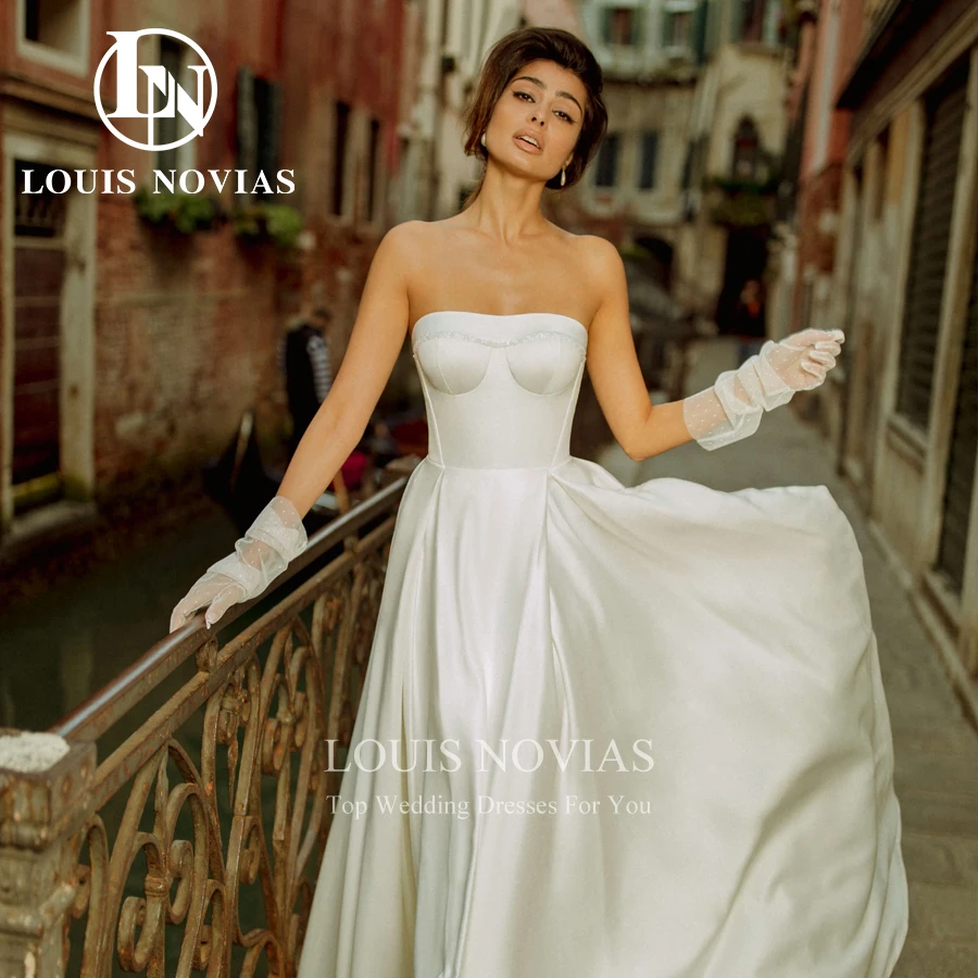 LOUIS NOVIAS ซาตินชุดแต่งงาน Elegant Vestidos De Novia Strapless A-Line ชุดเจ้าสาวแขนกุด Sheath ชุดเจ้าสาว