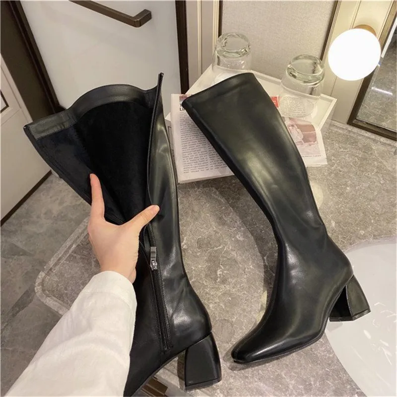 HOT Women Knee High Boots Female Fetish Zipper Knight White Boots Platform Winter Brown Booties Lady Low High Heels Shoes