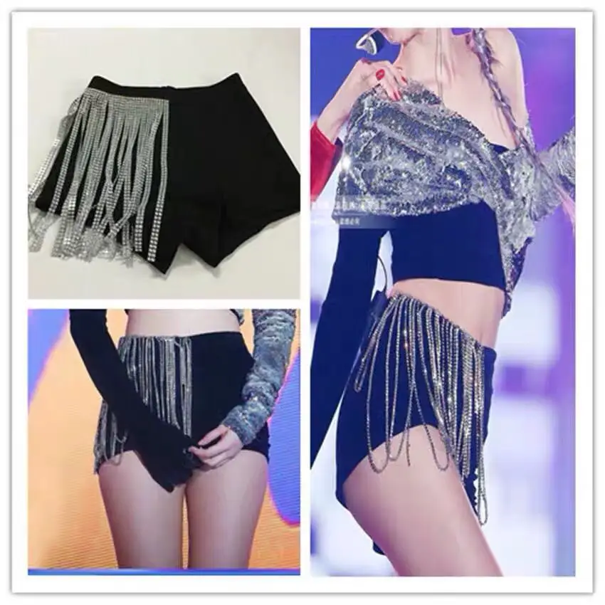 Korean Style Shiny Rhinestone Fringe Shorts Female Singer Stage Jazz Dance Performance Pants HipHop Street Dance Clothes DWY5223