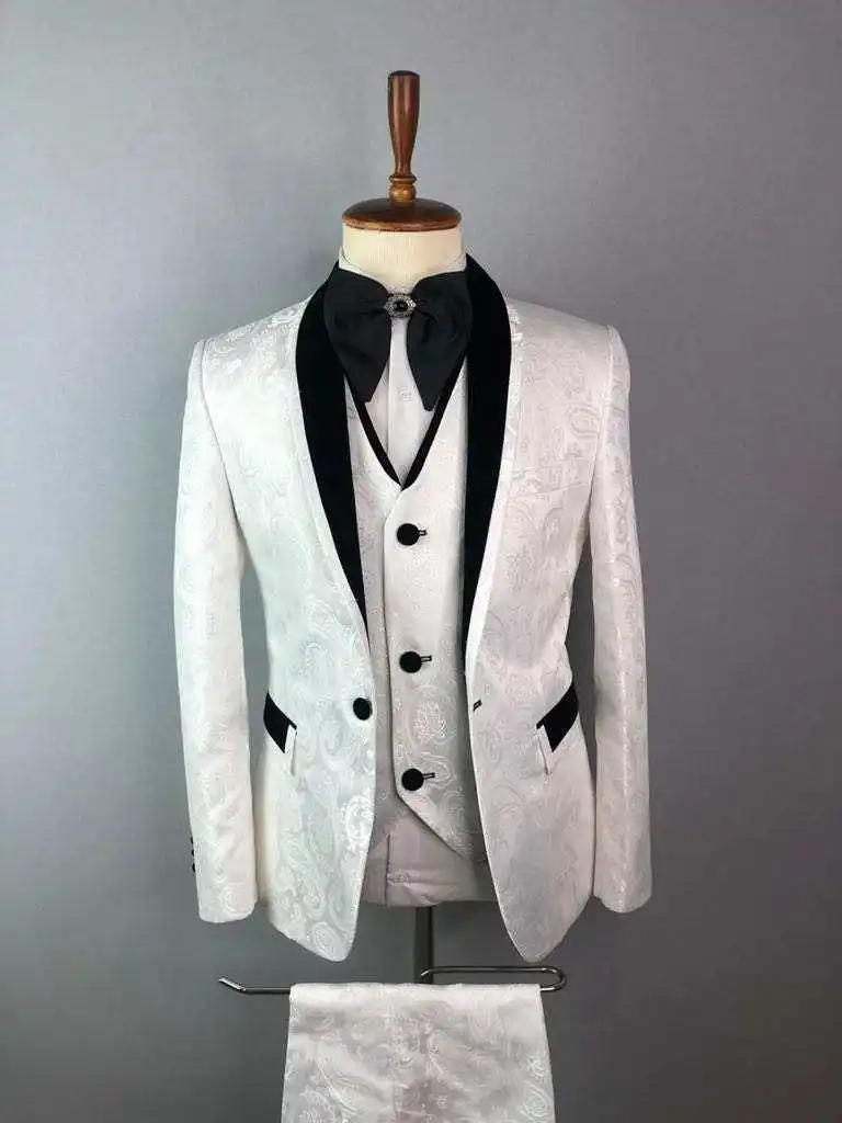 

White Paisley 3 Pieces Men Suits Slim Fit Blazer Tuxedos Groom Wedding Terno Masculino Costume Homme