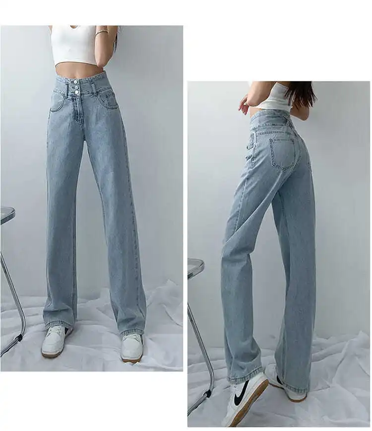 Jeans Wanita Celana Jeans Pacar Ukuran Besar Biru Jeans Wanita Pinggang Tinggi 2021 Celana Panjang Lurus Kasual Jeans Ibu