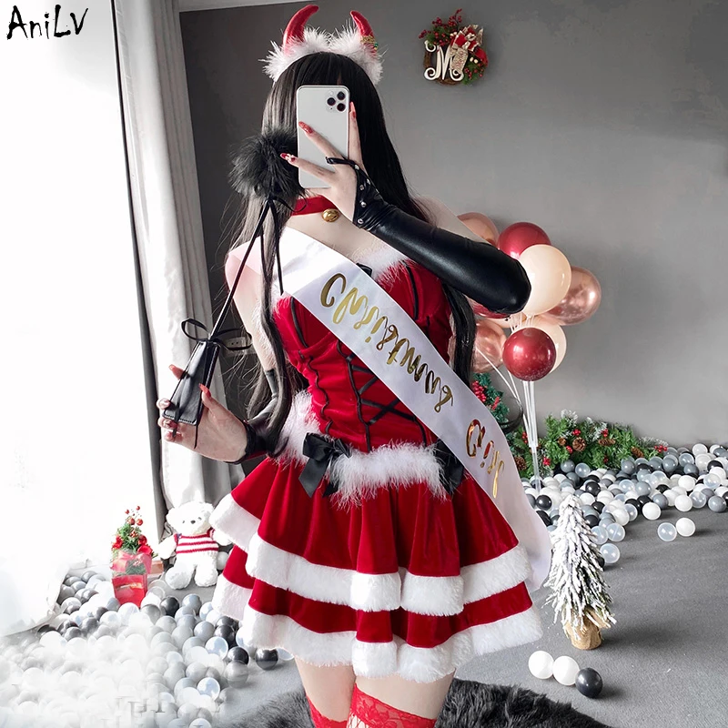 AniLV Christmas Female Santa Claus Series Costume Xmas Party Snow Elk Girl Red Dress Cloak Rope Unifrom Sexy Pajamas Cosplay