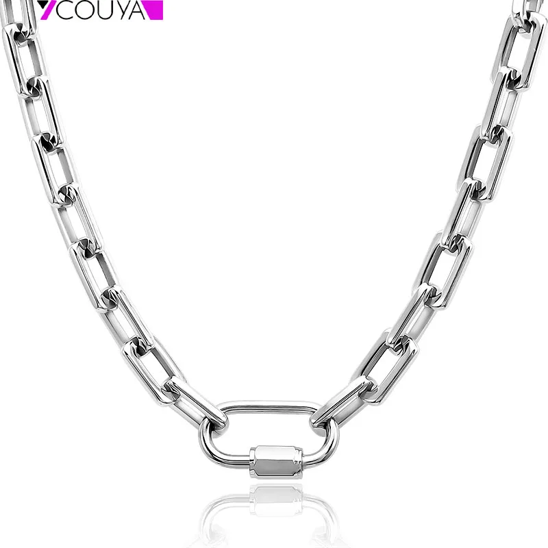 Punk Link Chain Choker Necklace Big Lock Charm Silver Color Round Corner Link Chunky Heavy Metal Necklace Bracelet Set 18 inch