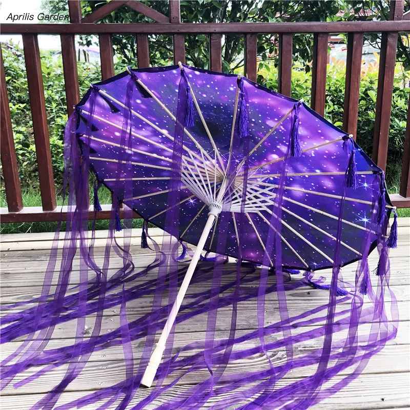 82cm Hanfu Oiled Paper Umbrella Rain Women Photography Prop Rain proof Ribbon Antique Tassels Umbrella Fan Paraguas Parasol