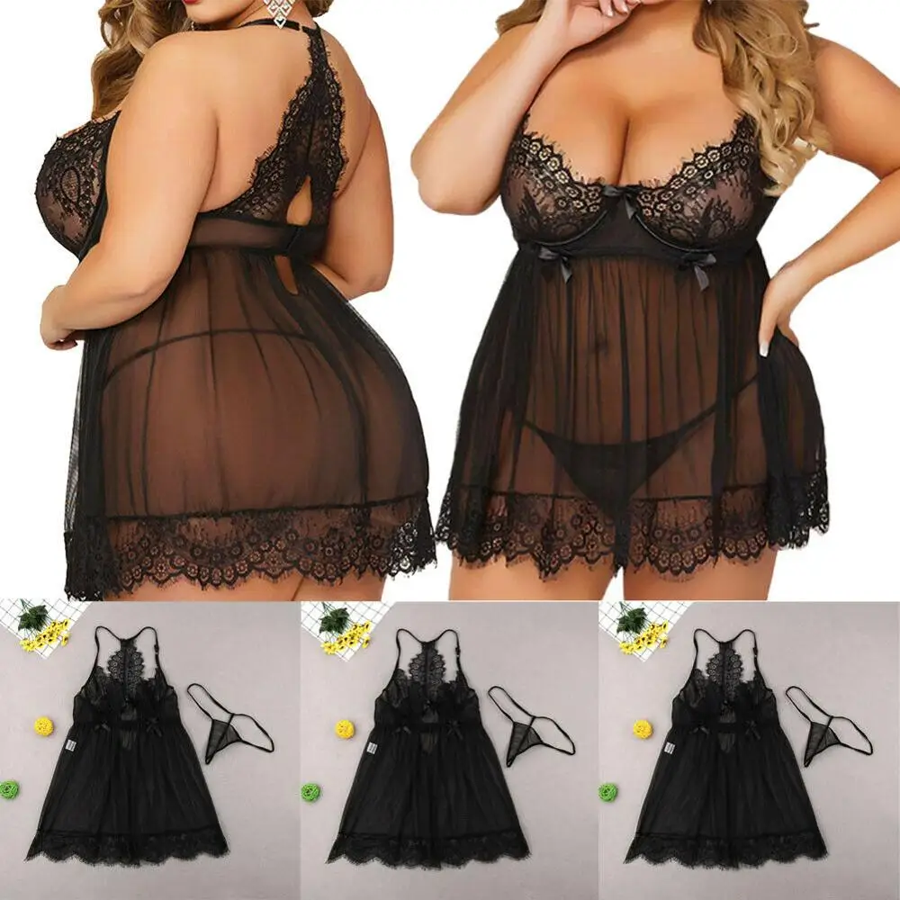 Lace Plus Size Night Dress Lingerie Womens Clothing Sexy See Though Sleepwear Spaghetti Strap hollow nighties for lady