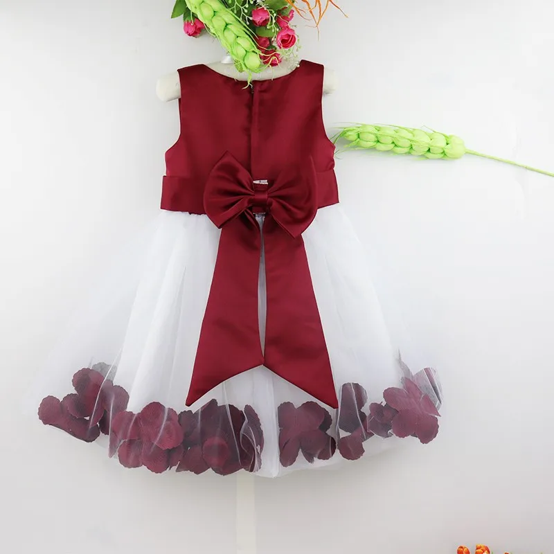 Petals Bow Princess Wedding Party Flower Girls Dress Baby Girl Sleeveless Tulle Bridesmaid Ball Gown Tank Dress Festival Clothes