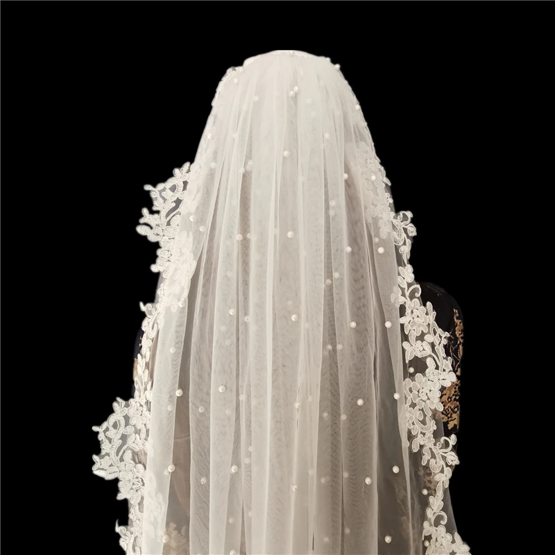 Real Photos Lace Appliques Edge Pearls Tulle Bridal Veils Long Cathedral White Ivory with Comb Wedding  Veils Accessories Bride