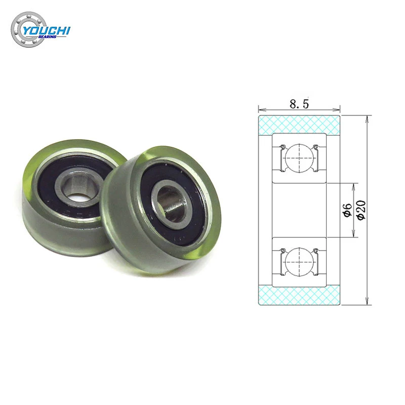 

10pcs 6x20x8 mm PU Coated Roller With 606RS Bearing PU60620-8 OD 20mm Polyurethane Soft Rubber Mute Pulleys