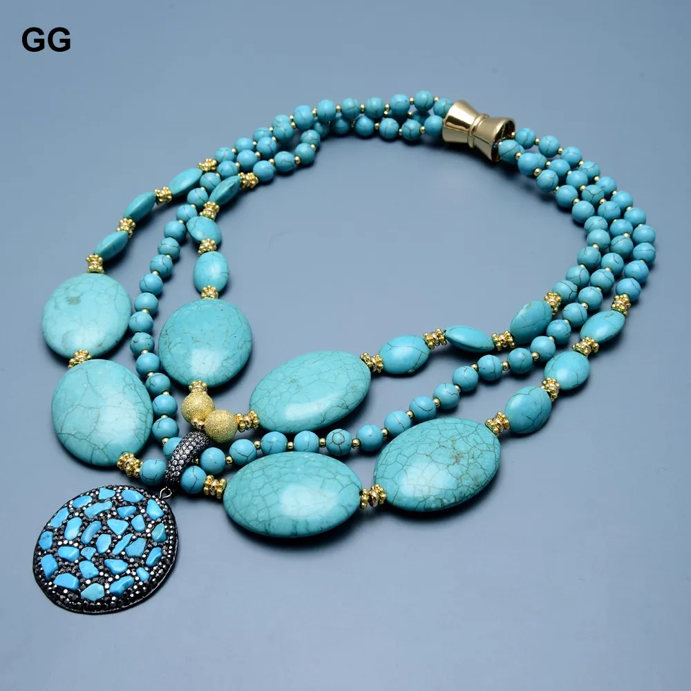 

GuaiGuai Jewelry 3 Strands Gold Color Plated Round Oval Blue Turquoises Necklace Turquoise CZ Pave Pendant For Women