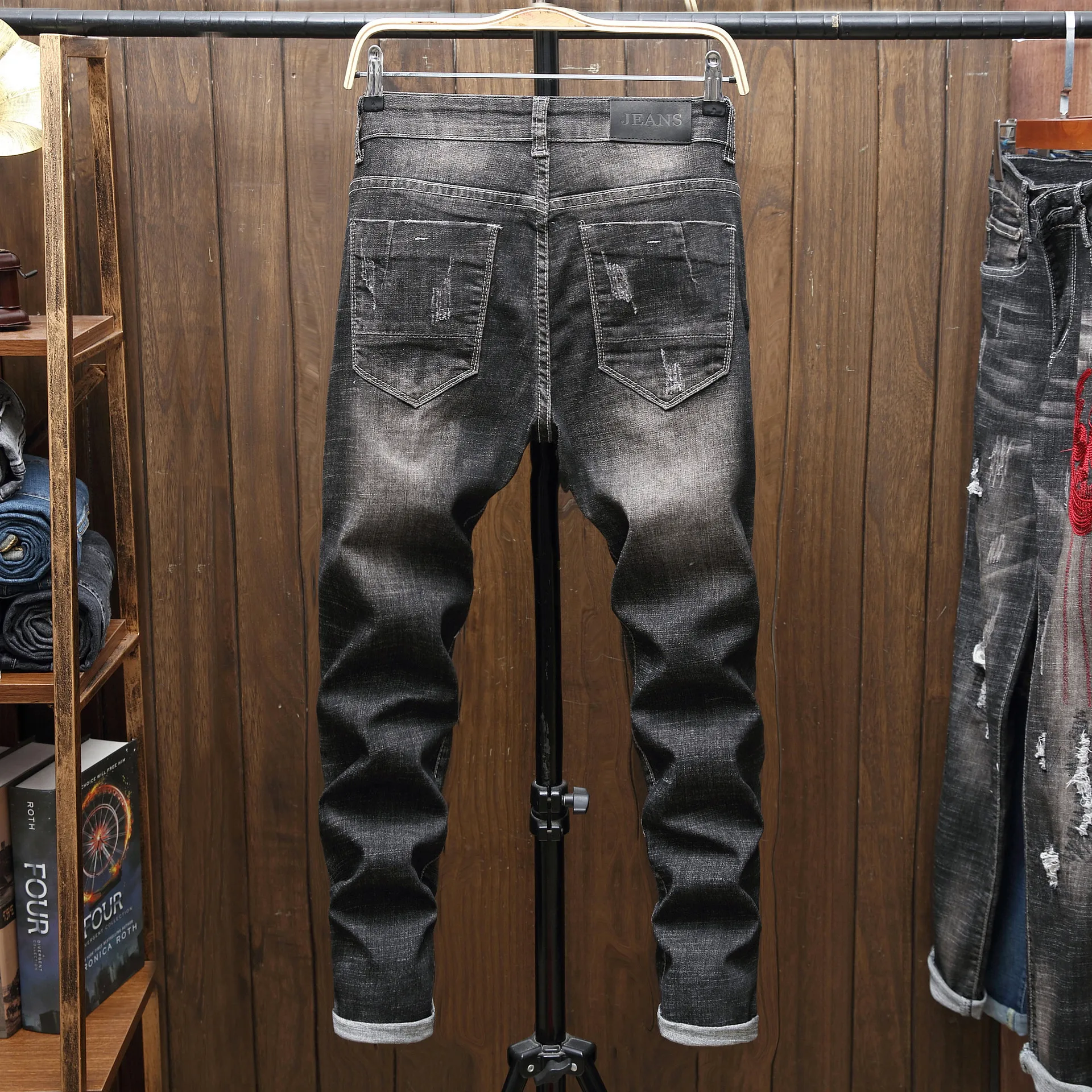 Black Jeans Men's Distressed Patch Letter Applique Stretch Pencil Pants Male Fashion Slim-fit Denim Trousers