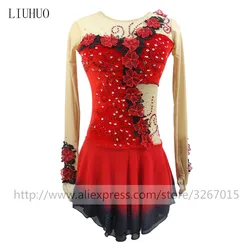 LIUHUO Figure Skating Dress Women's Girls' Ice Skating performance Rhythmic gymnastics competition Dance Red Ballet Long sleeves