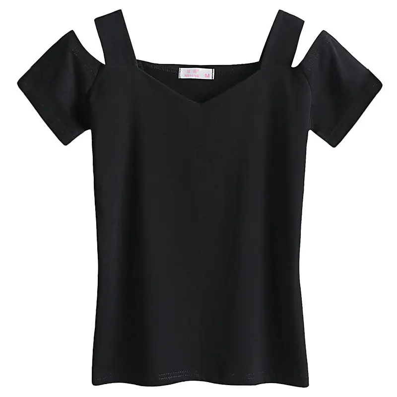 Off Shoulder Top lato nowe topy dla kobiet 2021 V-neck T Shirt kobiety koreańskie ubrania Tee koszulka treningowa Sexy Sling koszulka damska