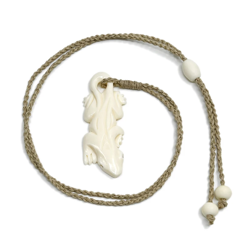 NGX084 Handmade Man Jewelry New Zealand Maori Tribe Pendant Yak Bone Gecko Womens Hemp Rope Weaving lizards Necklace for Surfing