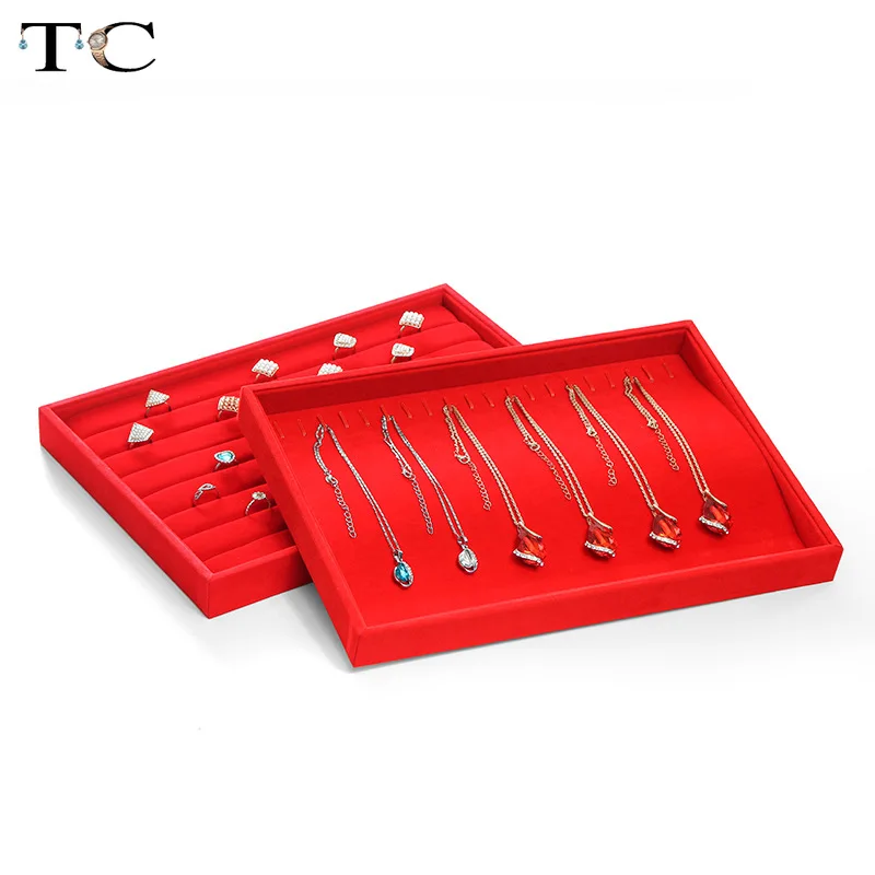 Red Velvet Jewelry Display Tray Necklace Pendant Ring Storage Box Earrings Trinkets Jewelry Props Tray 35x24x3cm