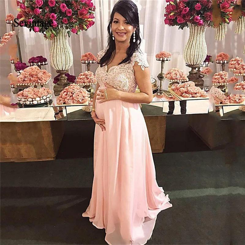 Sevintage-vestidos de graduación de maternidad Empire, vestido de embarazada de encaje con cuentas, lazo de banda, talla grande, vestidos de fiesta de Noche, Vestidos de gasa