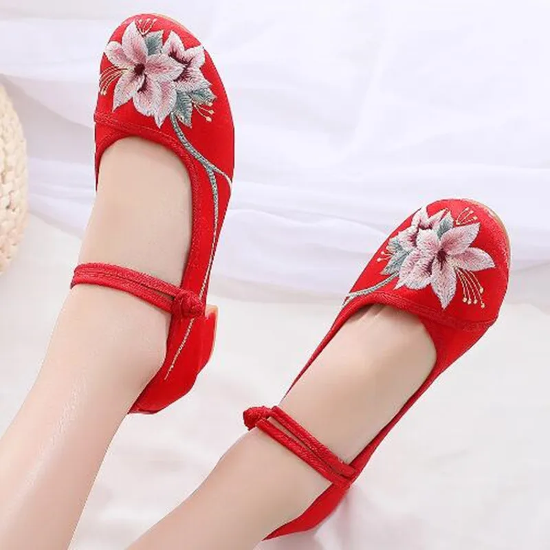 Women Elegant Mi Heel Pumps Vintage Embroider Mary Jane Dress Shoes Woman Summer Sandals Ankle Strap Ladies Slingback Party Shoe