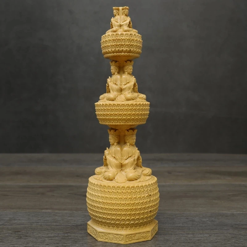 

23CM Three-story Buddha Tower Boxwood Statue Three-sided Stupa Sculpture Round Pagoda Dizang Bodhisattva Buddhist Home Decor