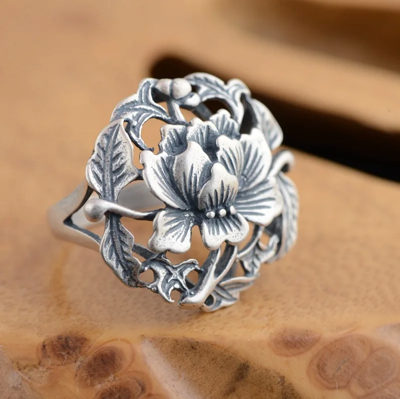 100%S990 sterling silver antique style female flowers rich matte New Gift Thai silver ring