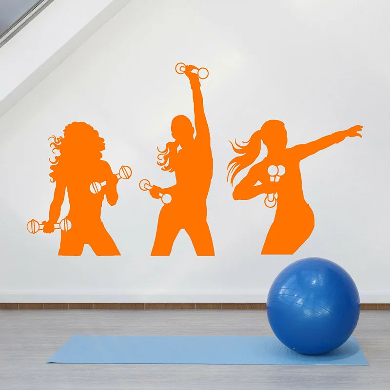 Fitness Girls Wall Decal Sport Silhouette Aerobics Dumbbells Vinyl Window Stickers Gym Training Room Interior Decor Mural E550