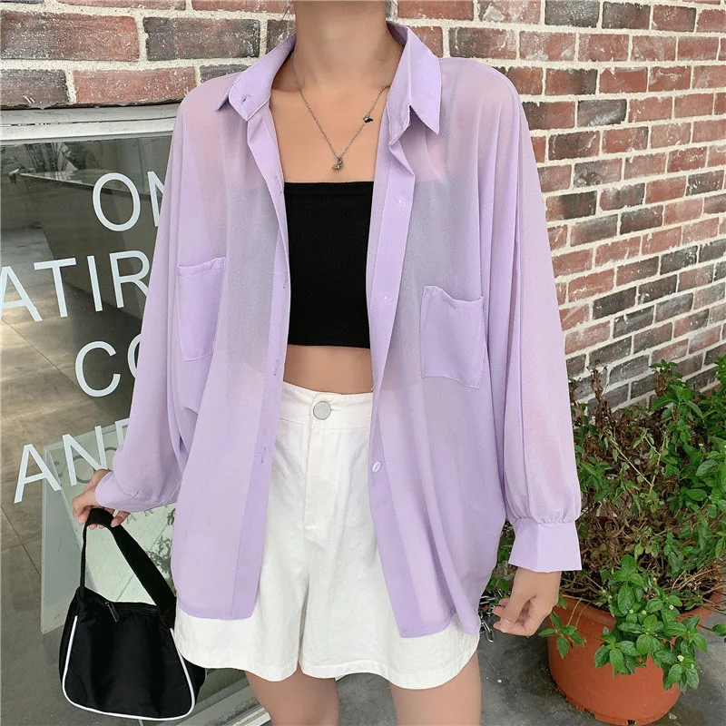 2025 Women Chiffon Blouse Shirt Long Sleeve Spring Summer Lilac Tops Pocket Loose Thin Sunscreen Shirt Bikini Cover Up Beachwear