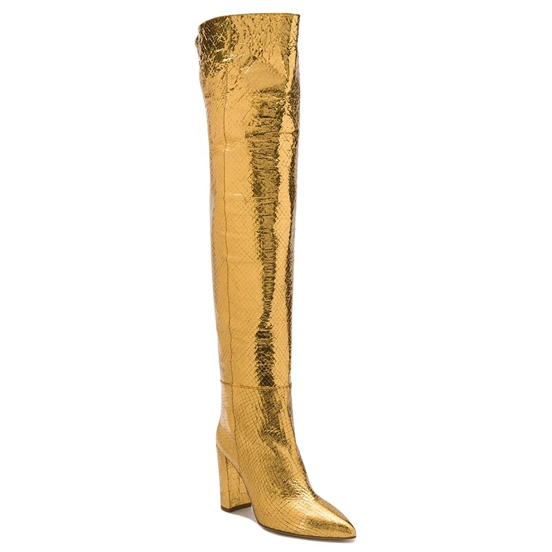 Gold Thigh Boots 2021 Women High Block Heel Over Knee Boots Chunky Heel Slip On Long Tall Boot Pointed Toe Ladies Winter Shoes