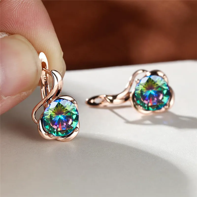 Mystic Rainbow Zircon Flower Earrings Multicolor Crystal Round Stone Hoop Earrings Rose Gold Color Engagement Earrings For Women