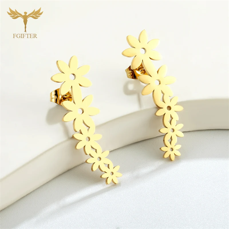 1 PC Fashion Long Stud Earrings For Women 5 Heart Flower Butterfly Design Gold Color Stainless Steel Jewelry Ear Accessories