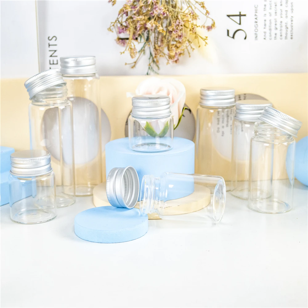 6PC 25ml 30ml 40ml 50ml 60ml 70ml 80ml 90ml Mini Glass Clear Bottle With Silver Screw Aluminum Cap Food Container Jars Vials