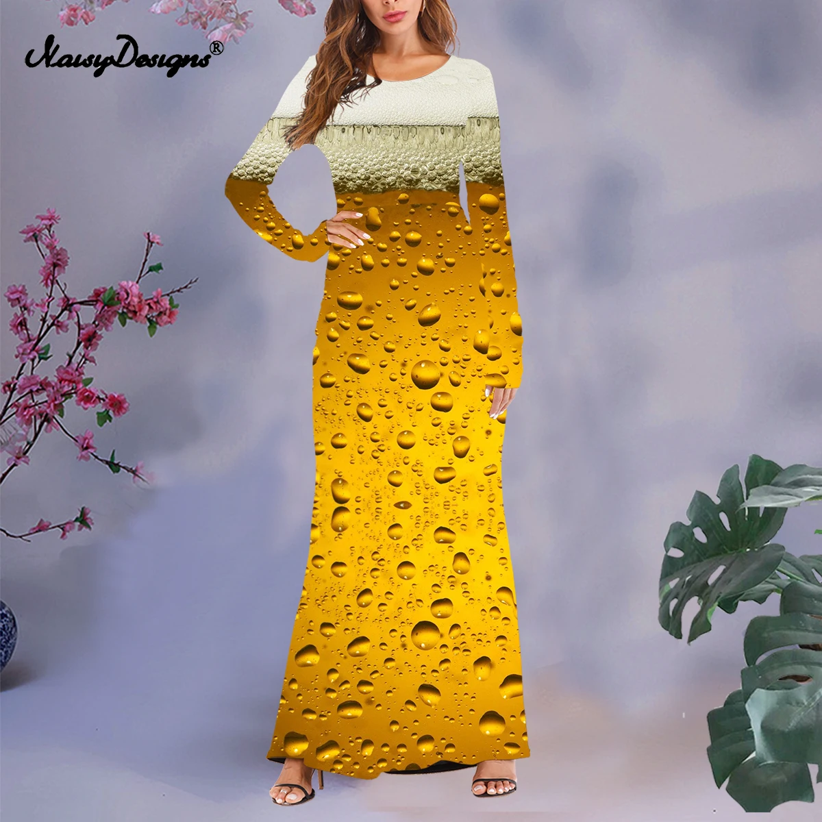 Noisydesigns Beer Up 3D Printed Women 4XL Long Sleeve Elegan Dress Ladies O-Neck Autumn High Elastic Vestidos Dropship