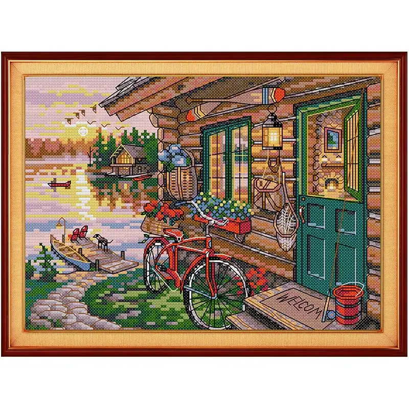 Riverside Hut Patterns Counted Cross Stitch Set DIY 11CT 14CT 16CT Stamped DMC Cross-stitch Kit Embroidery Needlework Home Decor