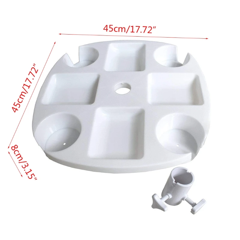 Plastic Beach Umbrella Table Tray with Hanging Hook, White Cup Holder, Compartments, Beach Patio Garden