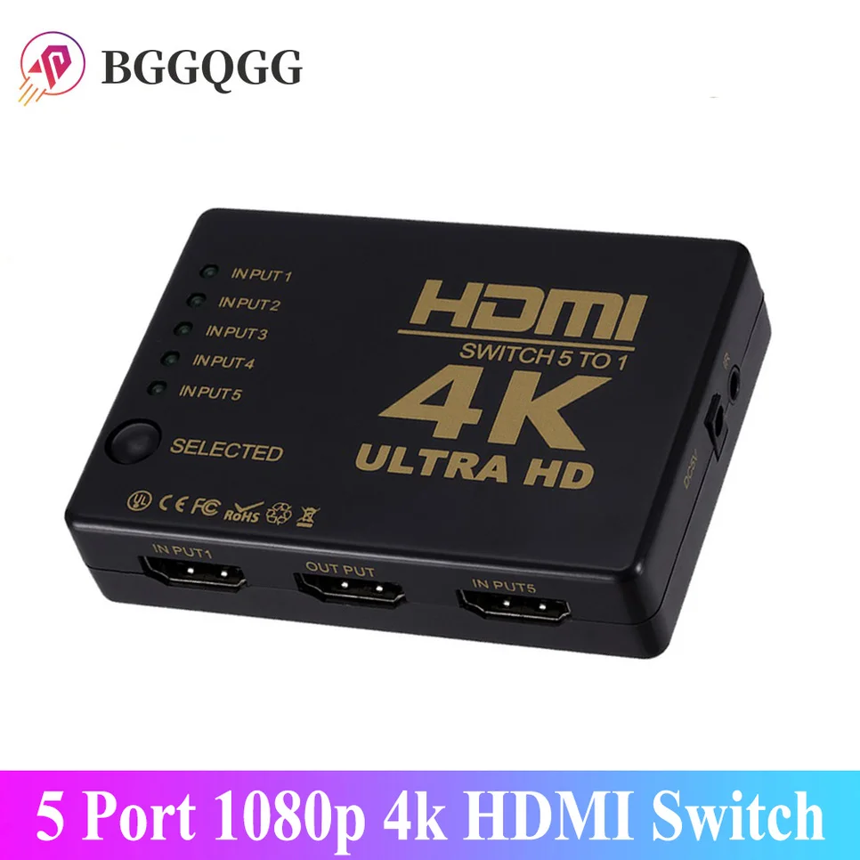 

BGGQGG 5 Port HDMI Switch 3D 1080p 4k Selector Splitter Hub with IR Remote Controller for HDTV DVD BOX HDMI Switcher 5 In 1 Out