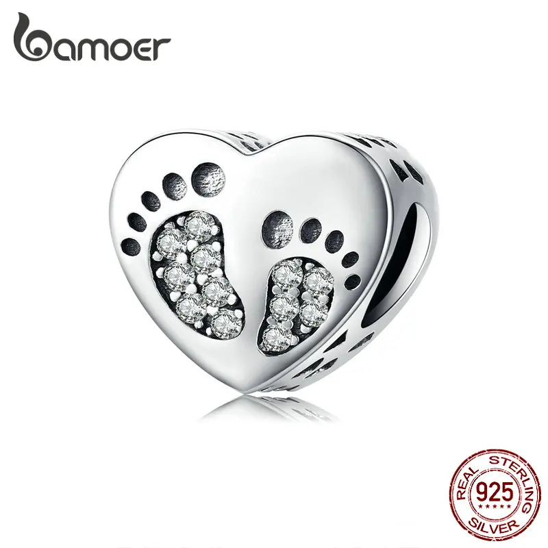 bamoer Footprints Heart Charm fit for Women Original Silver Bracelet Bangle 925 Sterling Silver Fashion Jewelry SCC1395