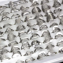 50Pcs/lot Mix Random Style Laser Cut Pattern Stainless Steel Rings Women Party Ring