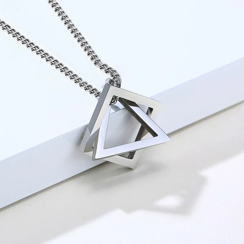 Rinhoo Trendy Interlocking Square Triangle Pendant For Men Stainless Steel Geometric Stacking Streetwear Hip Pop Rock Necklace