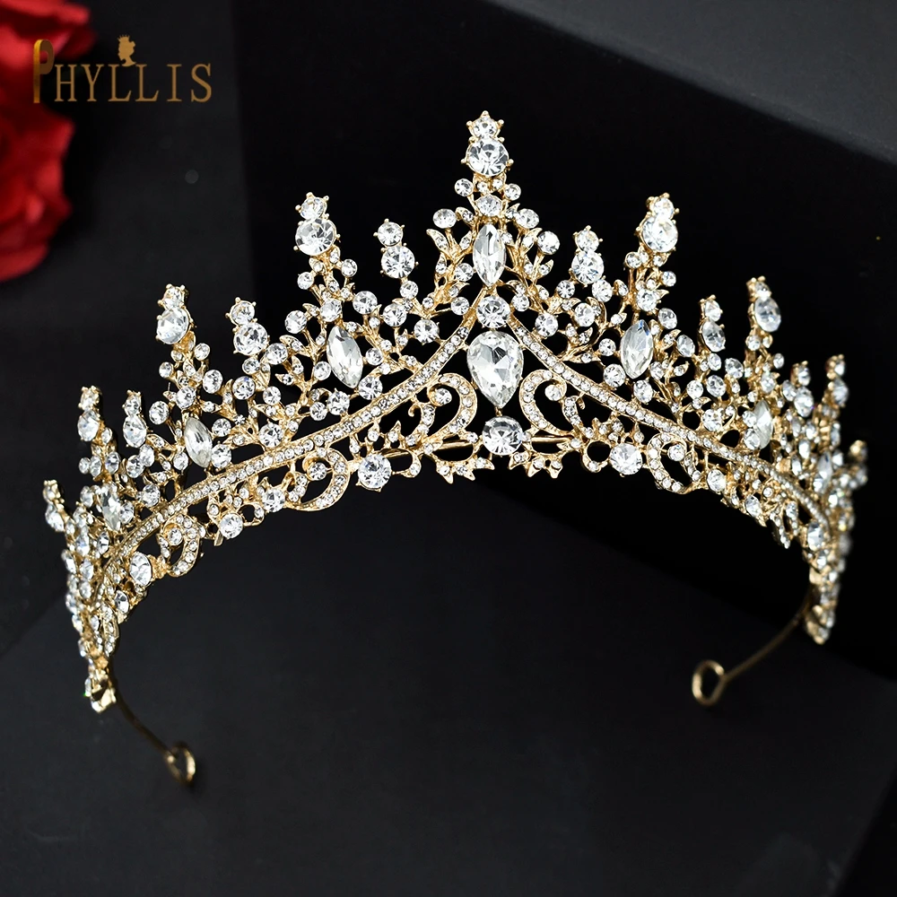 A158 Golden Bridal Crown อุปกรณ์เสริมผมคริสตัล Tiaras Rhinestone แถบคาดศีรษะ Vintage เครื่องประดับผมแต่งงานเจ้าสาว Headwear