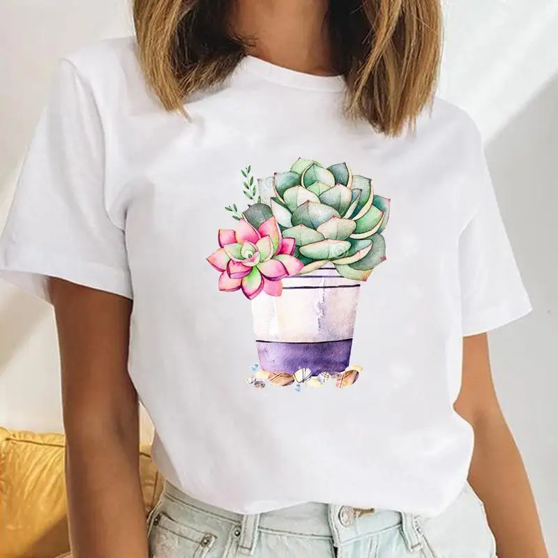 Women Tees Female Flower Spring Summer Floral Cute Fashion Clothes Cartoon Lady Print Short Sleeve Tops Graphic Tshirt T-Shirt