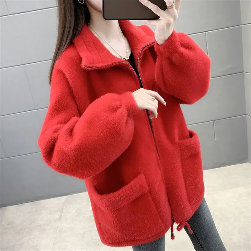 2024 Autumn Winter Thick Faux Mink Cashmere Woolen Coat Women Loose Short Outwear Korean Big Pocket Zipper Woolen Jacket Female