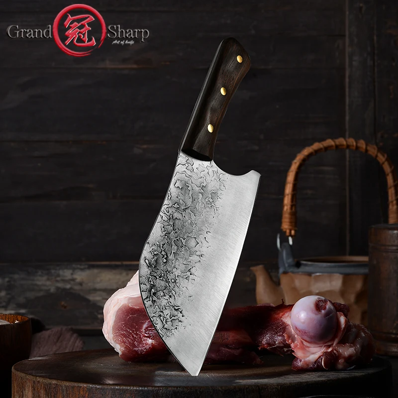 

8'' Butcher Knife Chinese Handmade Forged Kitchen Knife High-carbon Stainless Steel Meat Cleaver Chef Knives Gift Box Grandsharp