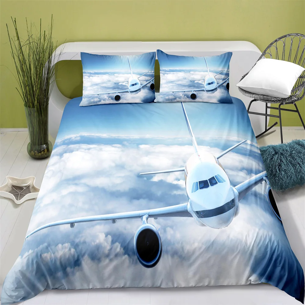 Home Textiles Printed Airplane Bedding Quilt Cover & Pillowcase 2/3PCS US/AE/UE Full Size Queen Bedding Set